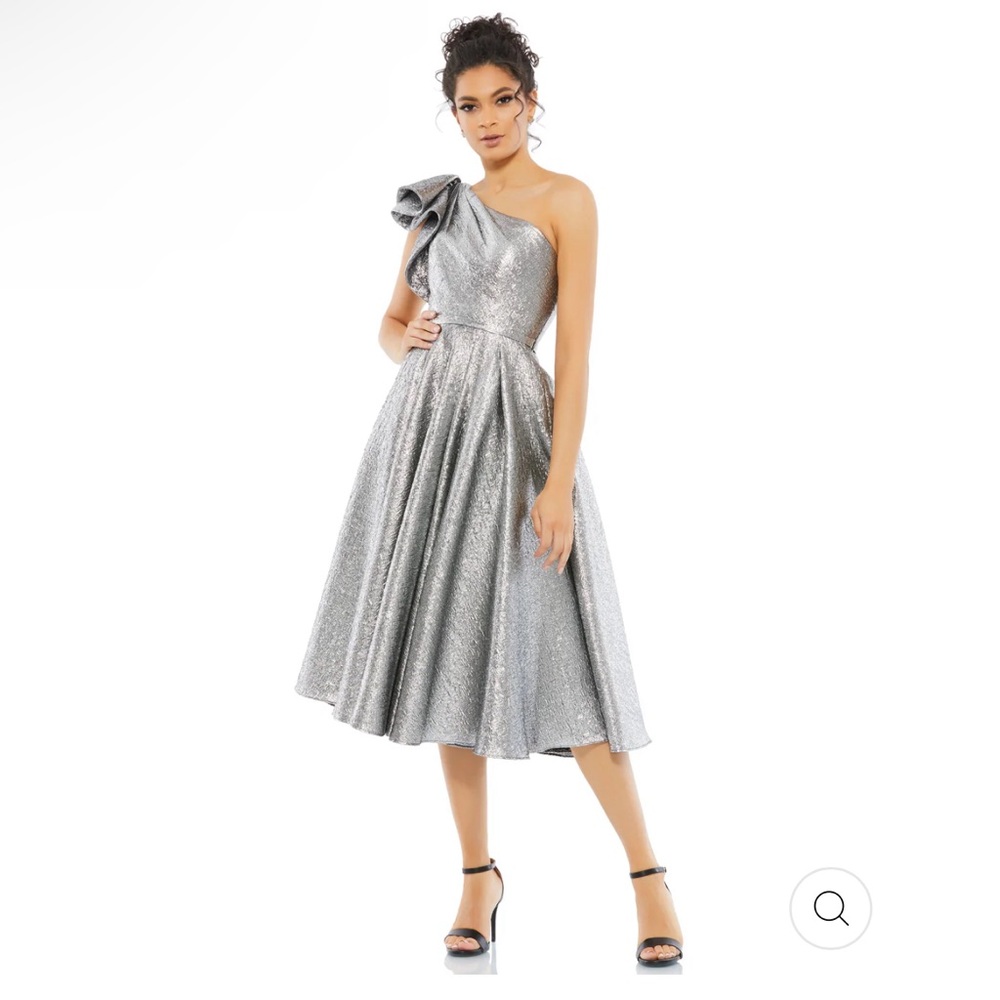 Mac Duggal Dress Silver 6 One Shoulder Bow Midi Gown Ruffle 67906 New